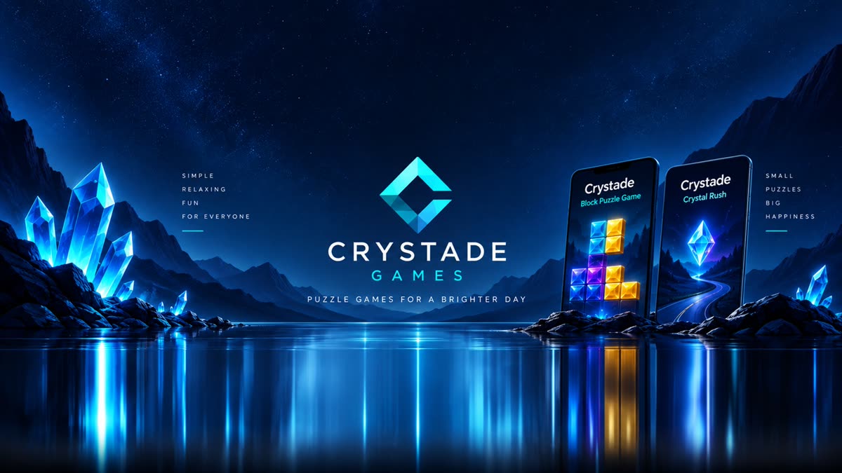 Crystade Games logosu, gece gölünün kıyısında parlayan kristaller ve iki oyunun telefon ekranları